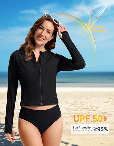 SANTINY Cropped Rash Guard Women Swimsuits with Zipper Pockets UPF50+ Sun Protection Long Sleeve Swim Shirt Crop Tops (Black_M) - Image 4