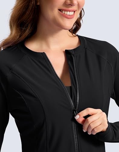 SANTINY Cropped Rash Guard Women Swimsuits with Zipper Pockets UPF50+ Sun Protection Long Sleeve Swim Shirt Crop Tops (Black_M) - Image 3