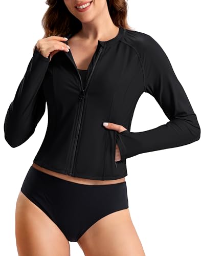 SANTINY Cropped Rash Guard Women Swimsuits with Zipper Pockets UPF50+ Sun Protection Long Sleeve Swim Shirt Crop Tops (Black_M) - Image 1