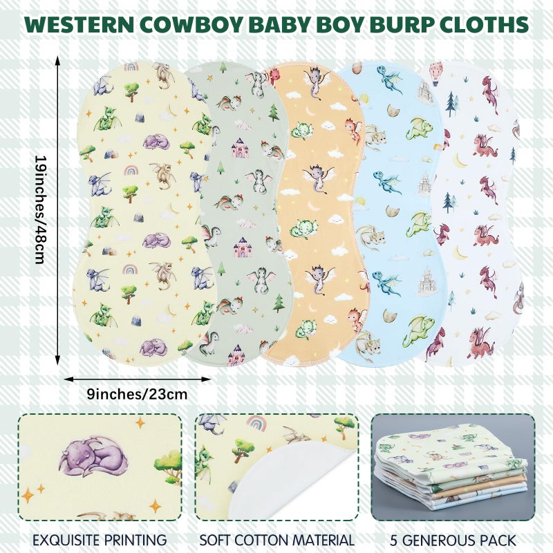 SmoothNovelty 5 Pack Watercolor Dragon Pattern Baby Burp Cloths Soft Absorbent Burping Rags for Newborns 19"x9" Spit up Cloths for Boy Girl Newborn Baby Shower Registry Gifts Set Nursery Decor - Image 2