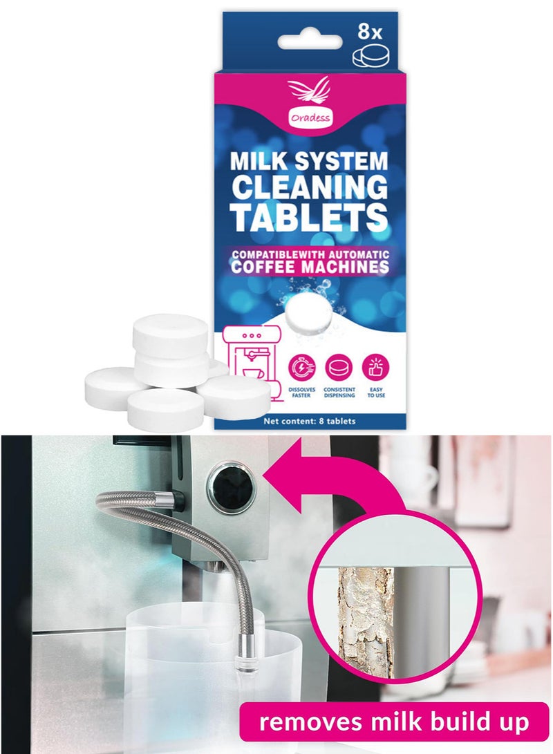 اوراديس 8 قطع من أقراص تنظيف نظام الحليب لآلات القهوة الأوتوماتيكية، متوافقة مع آلات القهوة الأوتوماتيكية من جورا - تتضمن أقراص التنظيف، وأقراص إزالة الترسبات، ومنظف نظام الحليب - Image 1
