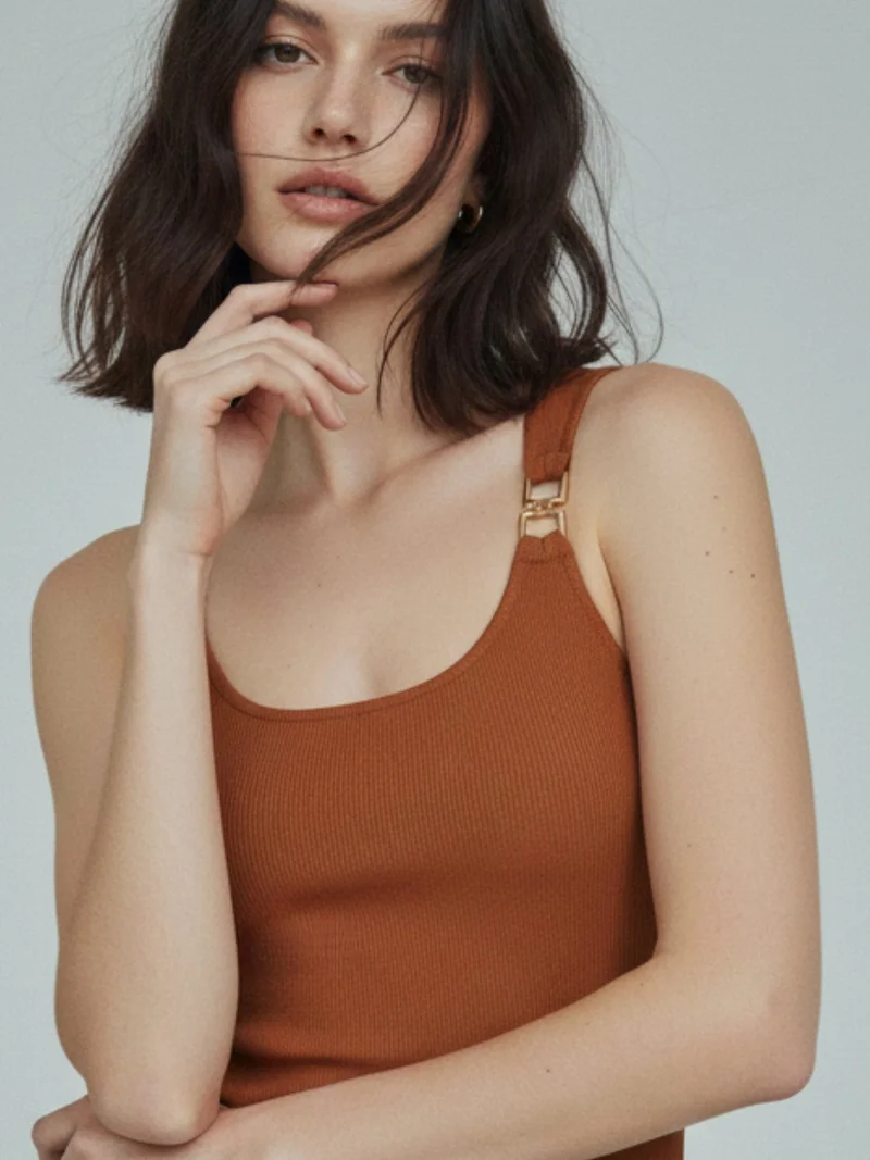 أوجيدر Brown Scoop Neck Tank With Metal Buckles Trim