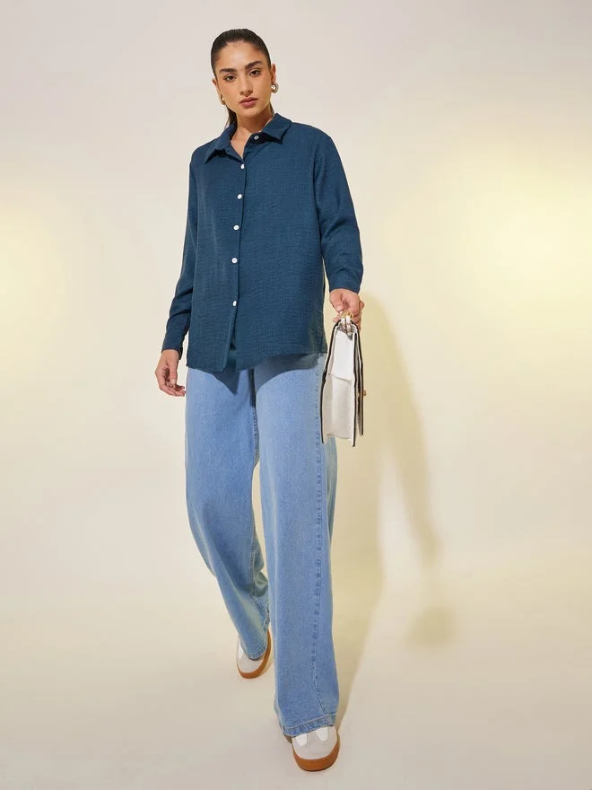 تايك تو قميص بأكمام طويلة مزخرفة بياقة عريضة