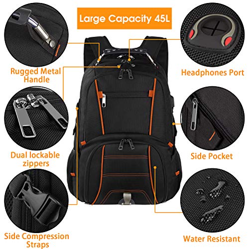 LTINVECK Travel Backpacks for Men Women,Extra Large College School Laptop Bookbags with USB Charging Port,RFID TSA Friendly Water Resistant Business Computer Bag with Luggage Sleeve Fit 17.3''Laptop 45L,Orange - Image 5