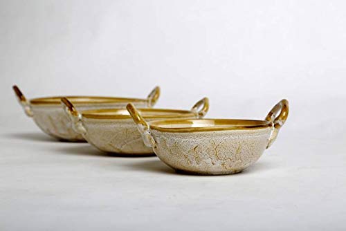 Caffeine Ceramic Handmade Stoneware Mustard Crackle Serving kadhai (Set of 3 Microwave & Dishwasher Safe) - Image 3