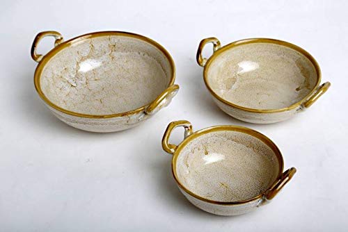 Caffeine Ceramic Handmade Stoneware Mustard Crackle Serving kadhai (Set of 3 Microwave & Dishwasher Safe) - Image 2