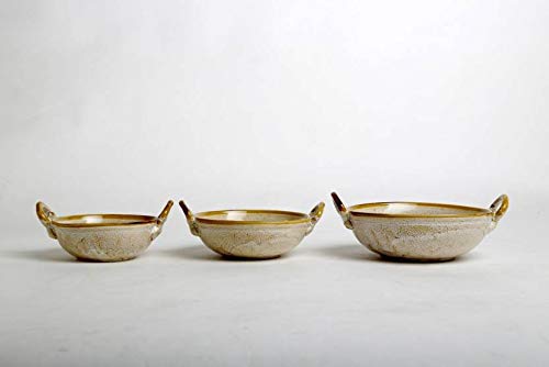 Caffeine Ceramic Handmade Stoneware Mustard Crackle Serving kadhai (Set of 3 Microwave & Dishwasher Safe) - Image 1