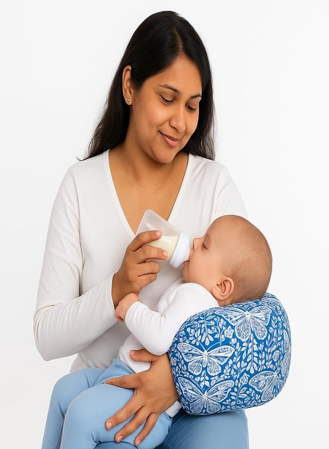 ZIKKU Arm Feeding Pillow for New Born Baby Washable, 100% Cotton Soft and Comfort Perfect for Breastfeeding & Breathable Fabric for Baby and Mom, Lightweight Feeding Pillow Floral Pattern (Blue) - Image 1