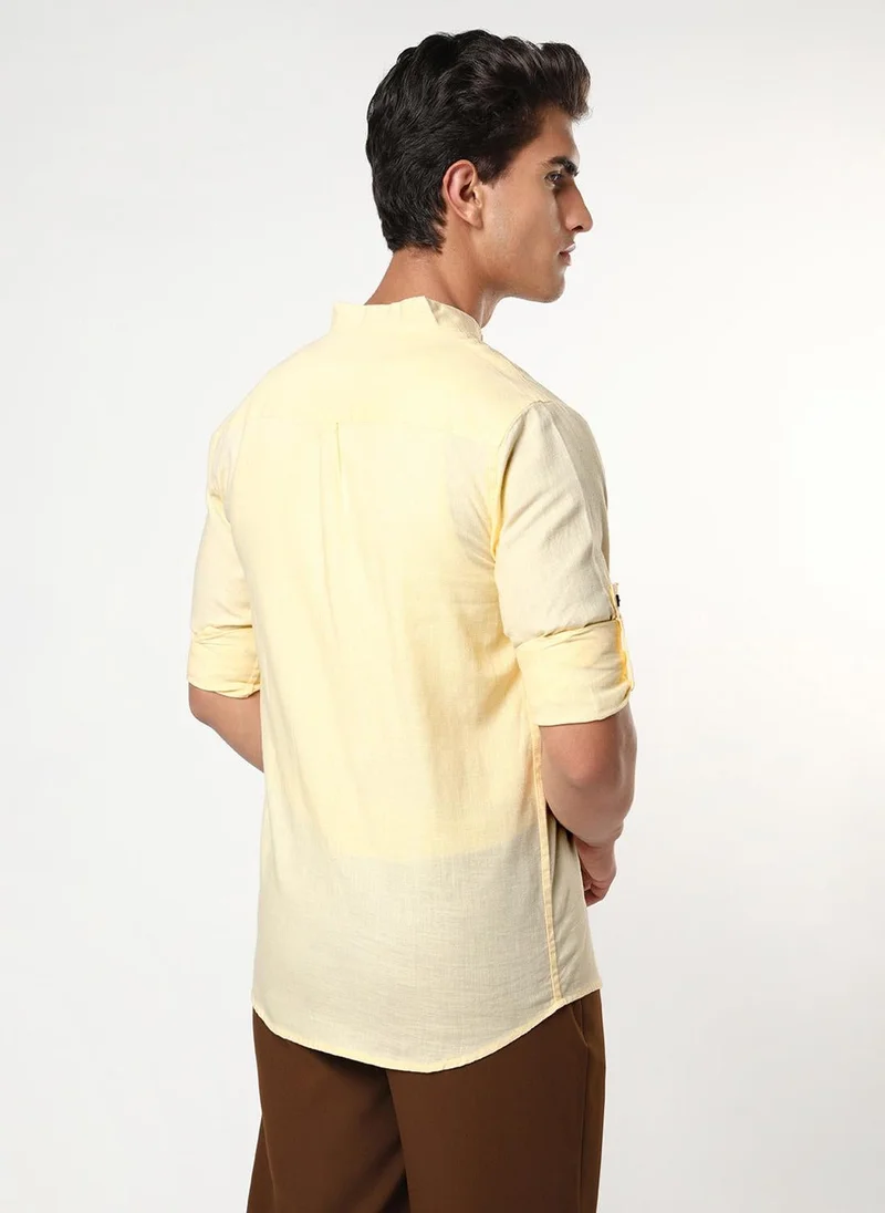 Urbano Fashion  Urbano Fashion Men's Tender Yellow Linen Blend Full Sleeve Relaxed Fit Mandarin Collar Casual Solid Shirt for Men | Best Price UAE