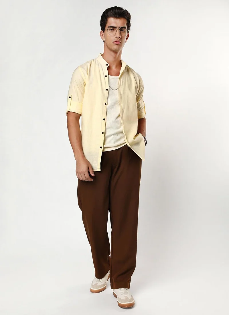 Urbano Fashion  Urbano Fashion Men's Tender Yellow Linen Blend Full Sleeve Relaxed Fit Mandarin Collar Casual Solid Shirt for Men | Best Price UAE