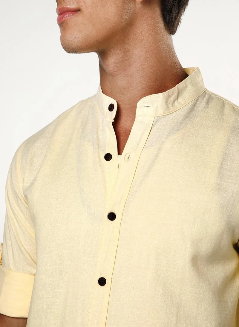 Urbano Fashion  Urbano Fashion Men's Tender Yellow Linen Blend Full Sleeve Relaxed Fit Mandarin Collar Casual Solid Shirt for Men | Best Price UAE