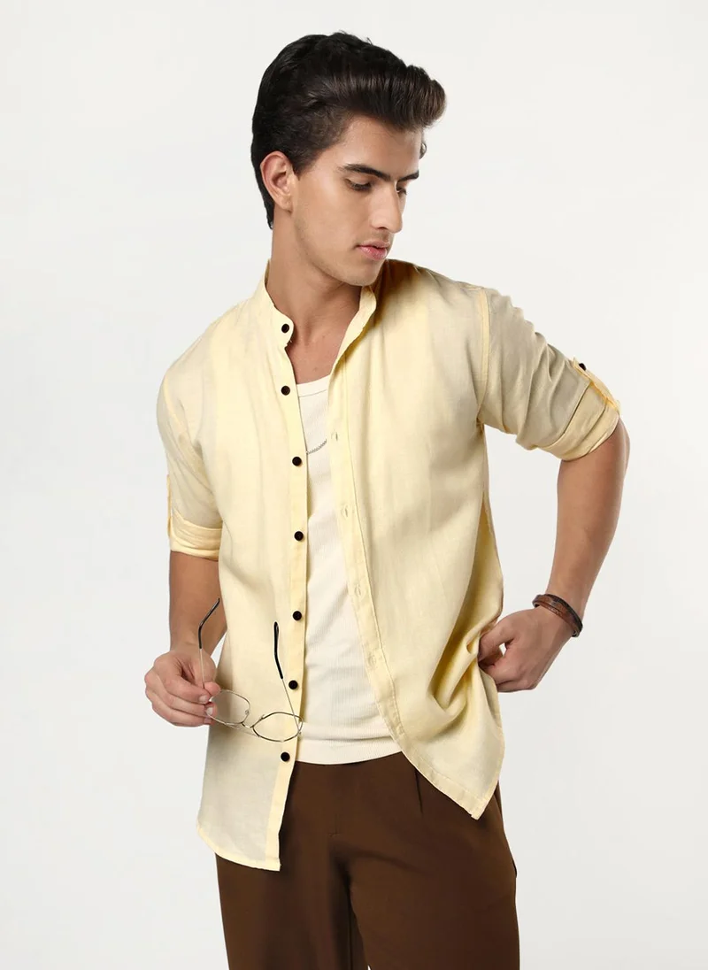 Urbano Fashion  Urbano Fashion Men's Tender Yellow Linen Blend Full Sleeve Relaxed Fit Mandarin Collar Casual Solid Shirt for Men | Best Price UAE