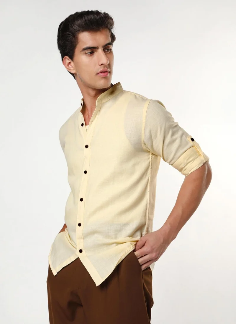 Urbano Fashion Men's Tender Yellow Linen Blend Full Sleeve Relaxed Fit Mandarin Collar Casual Solid Shirt