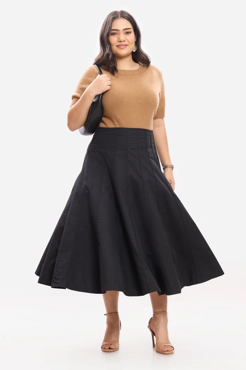 فيرجيو Solid Cotton Panelled Flared Plus Size Skirt for Women
