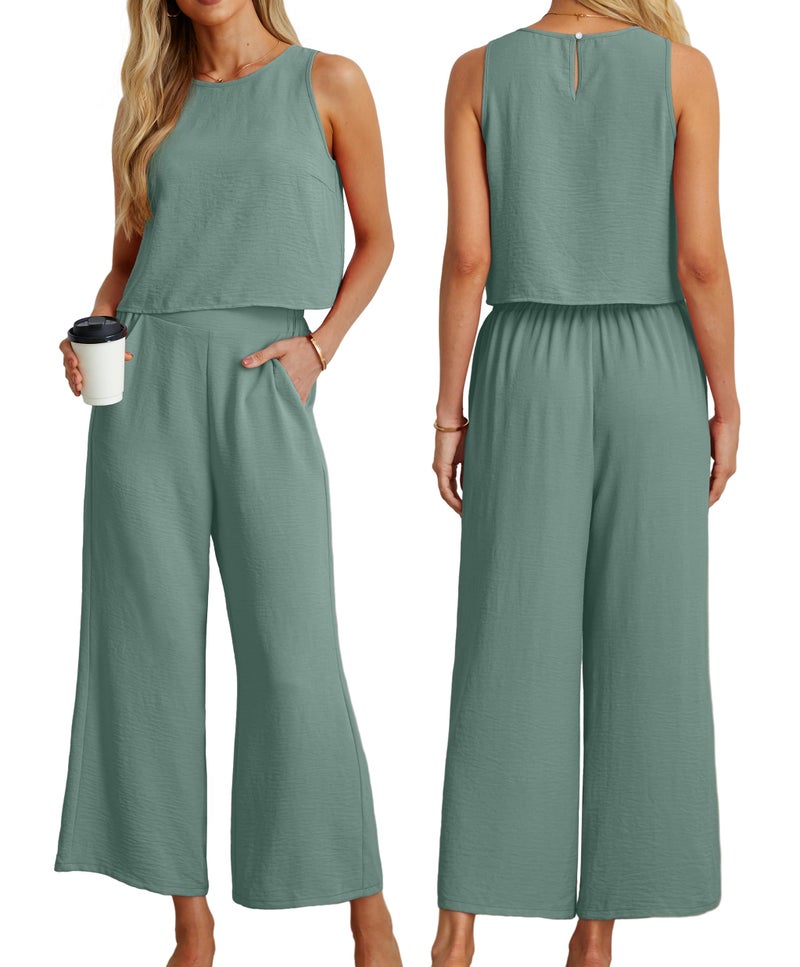 IWOLLENCE Women's Summer 2 Piece Outfits Set Round neck Sleeveless Tank Crop Top Wide Leg pants Set Pockets Jumpsuits Sea Green Medium - Image 3