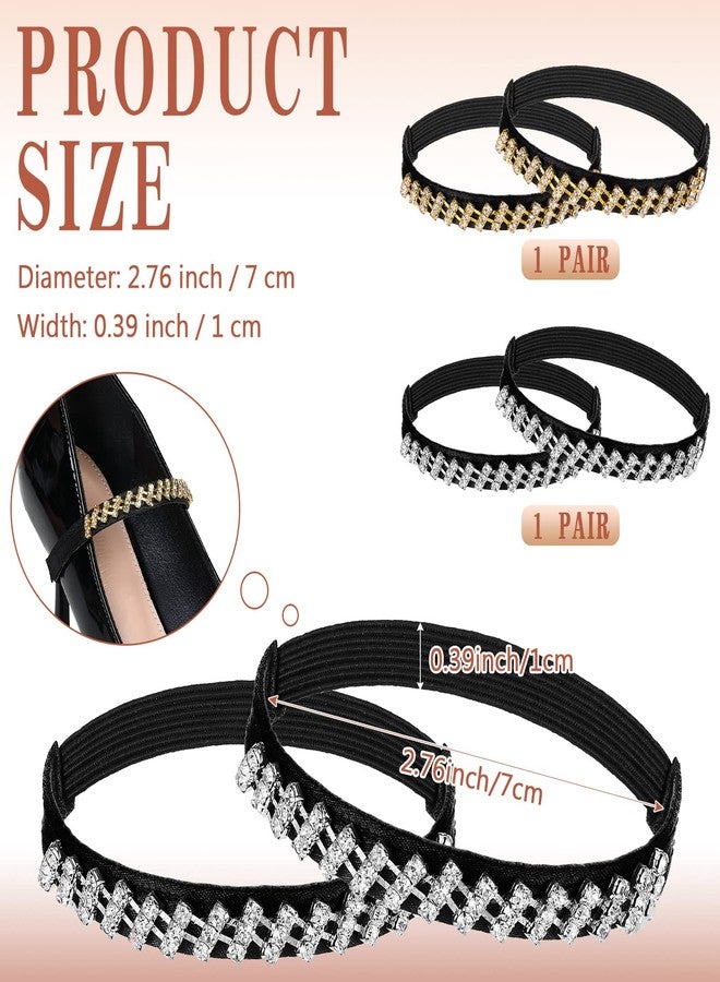 Hanaive 2 Pairs Rhinestone Elastic Shoe Ankle Straps Detachable Shoe Strap Heel Band for Women High Heels Loose Shoes, Gold and Silver - Image 3