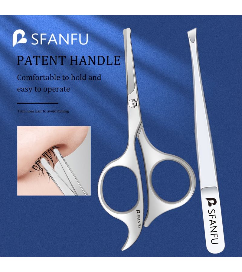 2pcs Professional Stainless Steel Nose Hair Scissors and Tweezers Set Round Head Design Daily Facial Care Tools - Image 1