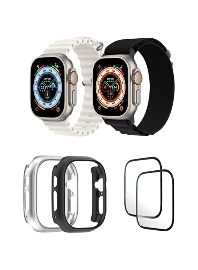 vesus Silicone Ocean Band Strap for iWatch Ultra 8 49mm,Nylon G-hook Loop Buckle Watch Strap Snow White/Black , Case Compatible with iWatch Ultra 49mm Silver/Black ,2* pcs Watch glass Set of 6