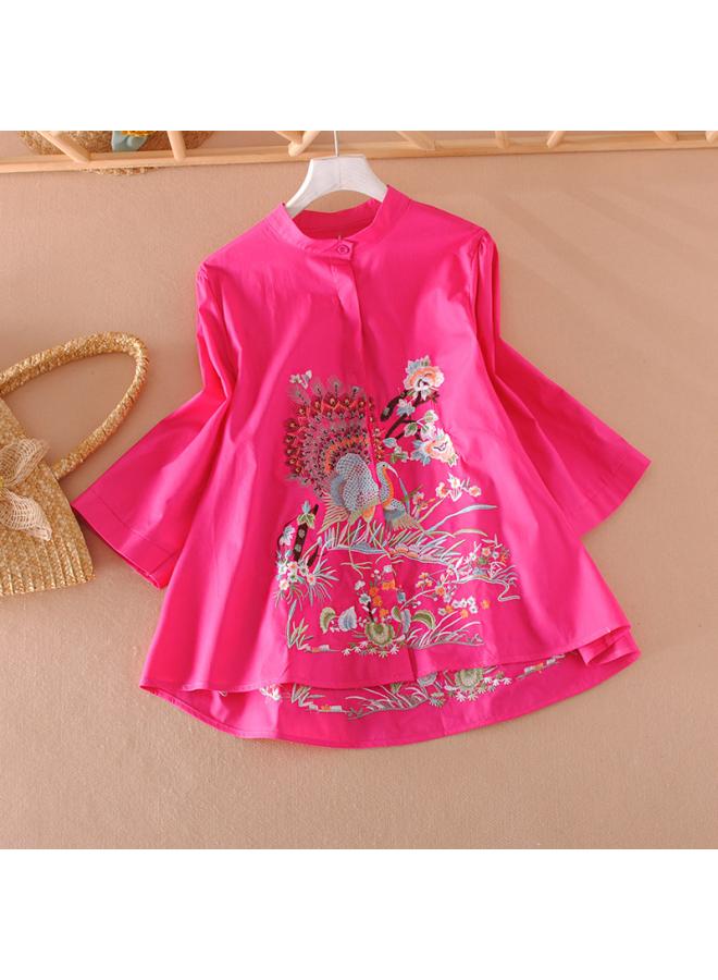 Original Design Sense Fashion Women's Clothing Foreign Elegant Loose Version A All-match Shirt Heavy Industry Embroidered Half Sleeve Shirt Spring And Summer