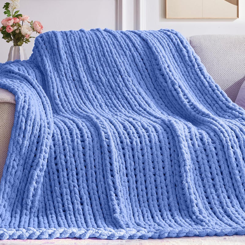 Negwoo Chunky Knit Throw Blanket  30''*40'' Knitted Throw Blankets for Bed Couch  Handmade Thick Light Blue Crochet Blanket Blanket for Kids  Machine Washable Cute Comfy Blanket for Home Decor - Image 1