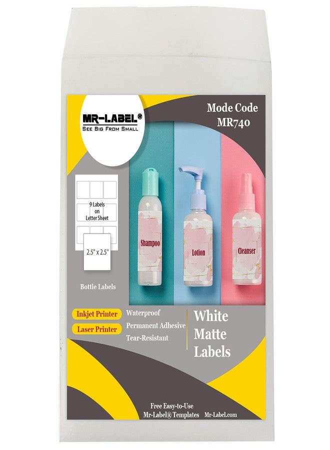 Mr-Label -2-1/2" x 2-1/2" Matte White Square Tag Labels-Permanent Adhesive Travel Bottle Labels – Waterproof and Tear-Resistant Labels for Inkjet & Laser Printer & Handwritten (225 labels | 25 sheets) - Image 1