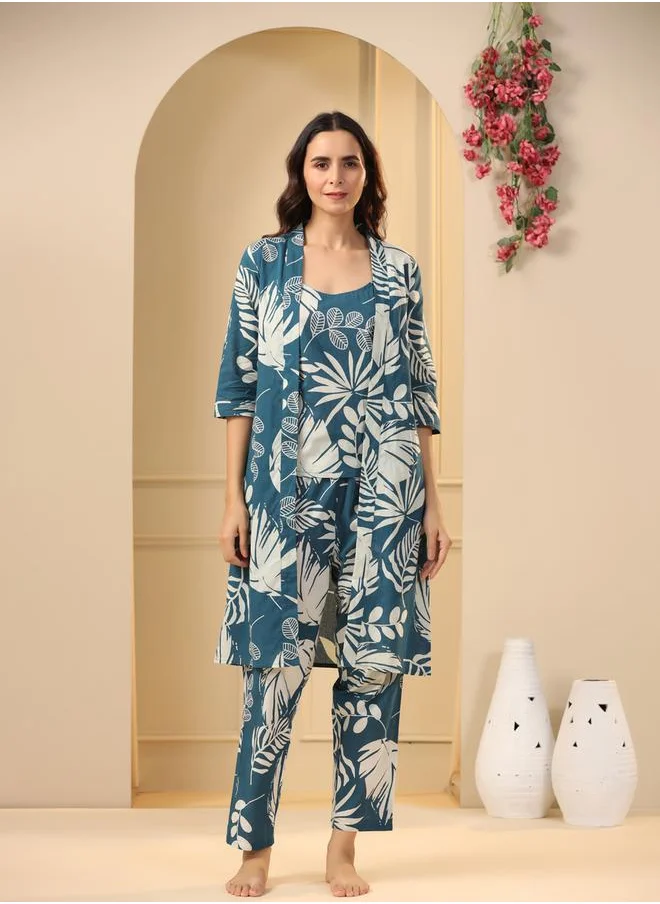 سانسكريتي هومز Pack of 3 - Cotton Floral Cami- Pyjama and Robe