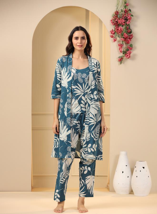 sanskrutihomes Pack Of 3 - Cotton Floral Cami- Pyjama And Robe - Image 1