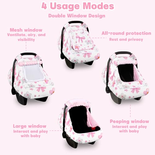 Hooyax Baby Car Seat Cover with Dual Zipper, Extra Large Mesh Window Carseat Canopy, All-Season Weather Protection for Infant Car Seats & Strollers (Pink Bow) - Image 2