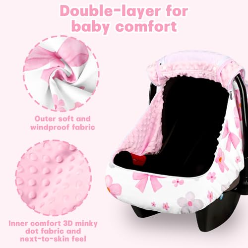 Hooyax Baby Car Seat Cover with Dual Zipper, Extra Large Mesh Window Carseat Canopy, All-Season Weather Protection for Infant Car Seats & Strollers (Pink Bow) - Image 3