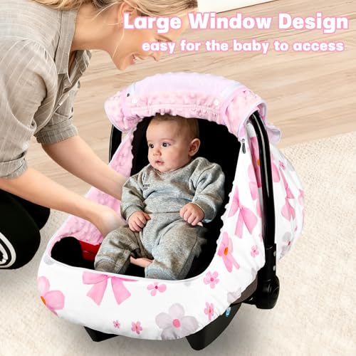 Hooyax Baby Car Seat Cover with Dual Zipper, Extra Large Mesh Window Carseat Canopy, All-Season Weather Protection for Infant Car Seats & Strollers (Pink Bow) - Image 4