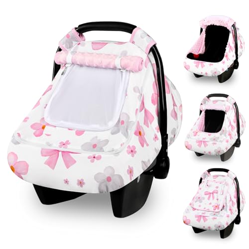 Hooyax Baby Car Seat Cover with Dual Zipper, Extra Large Mesh Window Carseat Canopy, All-Season Weather Protection for Infant Car Seats & Strollers (Pink Bow) - Image 1