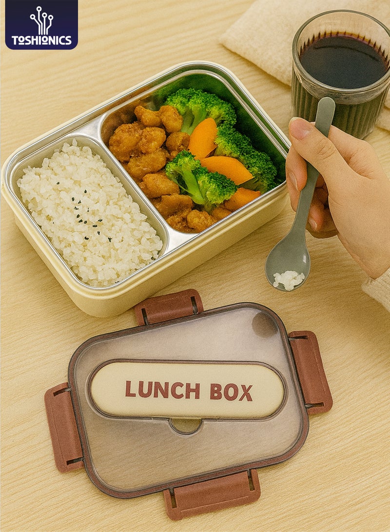 توشيونيكس صندوق غداء كلاسيكي من الفولاذ المقاوم للصدأ سعة 1.4 لتر - صندوق وجبات بينتو مع حجرتين وملعقة وفتحة أدوات مائدة مدمجة في الغطاء - آمن للاستخدام في الفريزر وغسالة الأطباق والميكروويف، مانع للتسرب ومحكم الإغلاق مع حجرة مزدوجة، خالٍ من مادة BPA، خفيف الوزن، حاوية طعام متينة للبالغين والأطفال - للمنزل والمكتب والمدرسة وحضانة الأطفال والسفر - 20 × 14 × 5 سم - Image 1