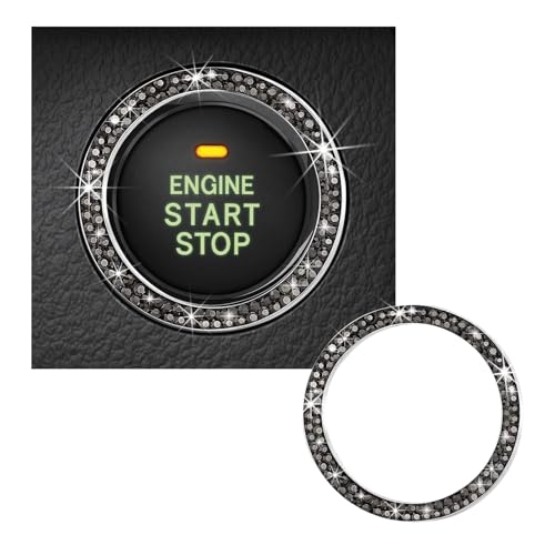 Kewucn Bling Crystal Double Rhinestone Car Engine Start Decoration Ring Sparkling Push Start Button Sticker Key Ignition Knob Ring Decoration Bling Car Interior Accessory Bright Black - Image 1