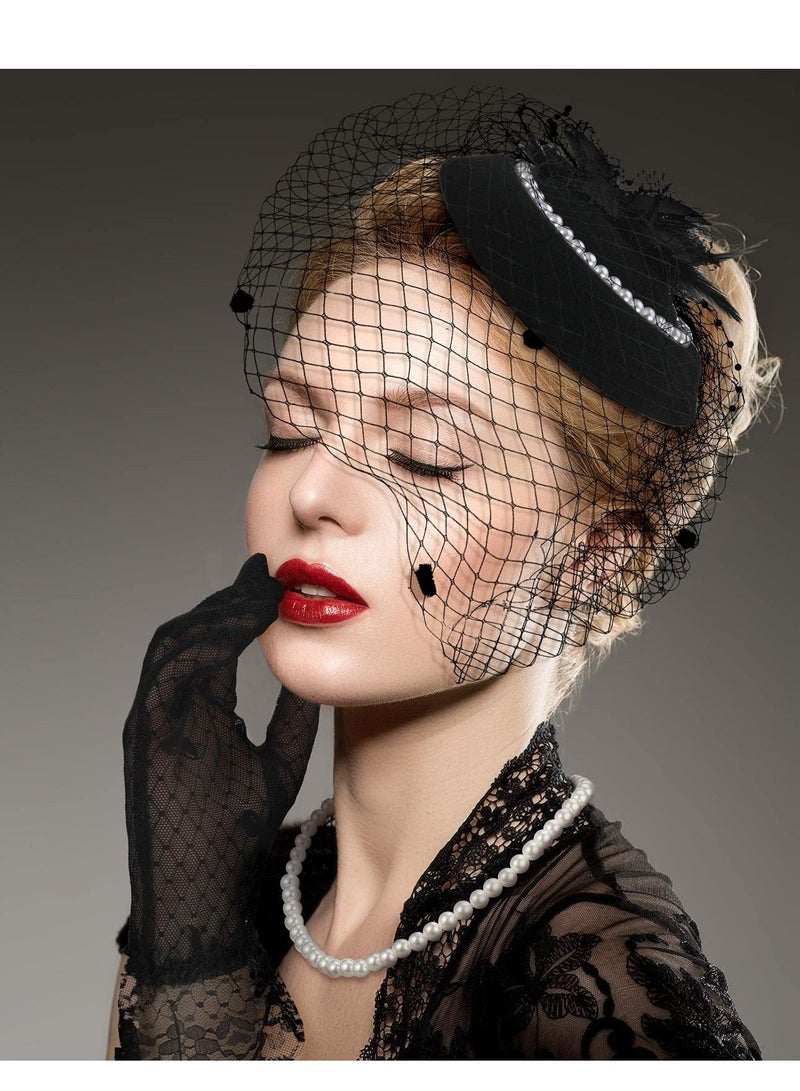 Y&D Fascinators Hat for Women Tea Party Headband with Short Lace Gloves Pearl Necklace Wedding - Image 2