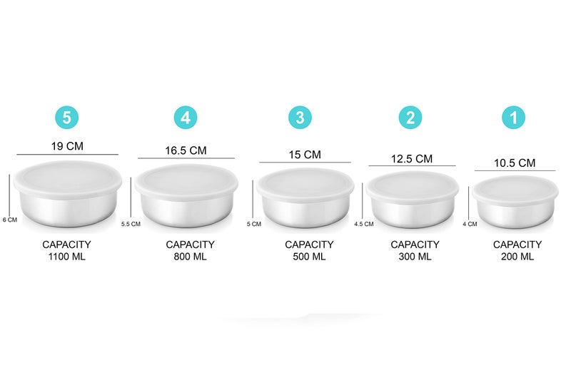 KITCHEN CLUE Stainless Steel Food Storage Boxes With Airtight Leak Proof Lids (Pack Of 5 Pcs, Silver - 200, 300, 500, 800 & 1100 ML) Kitchen Containers Set - Lunch Box/Tiffin Box Set - Durable - Image 3