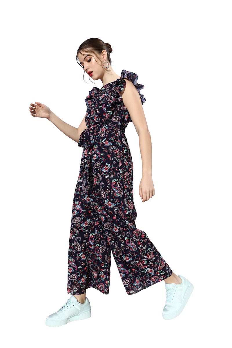Miss Chase Women's Round Neck Sleeveless Floral Wide Leg Regular Jumpsuit with Pockets (L, Multicolored-Base-Navy Blue) - Image 1