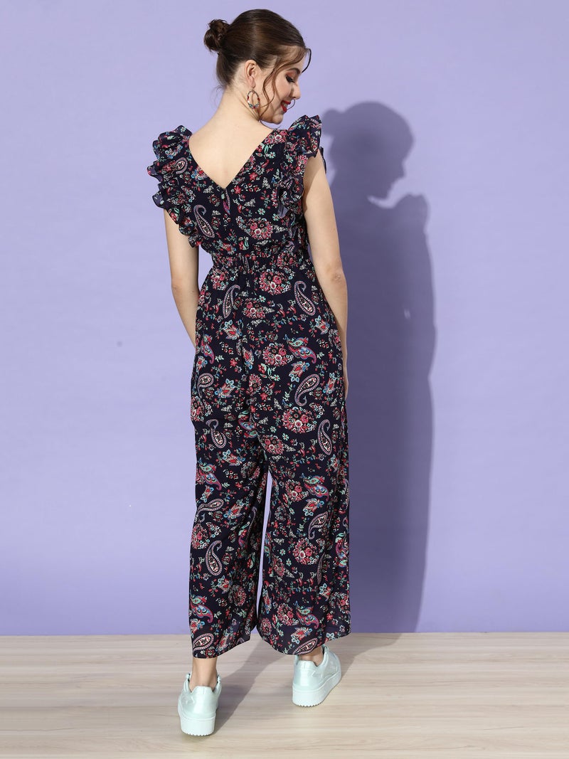 Miss Chase Women's Round Neck Sleeveless Floral Wide Leg Regular Jumpsuit with Pockets (L, Multicolored-Base-Navy Blue) - Image 3