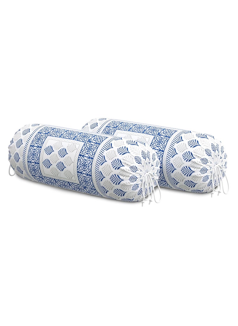 BLOCKS OF INDIA BLOCKS OF INDIA Cotton Hand Block Printed Bolster Cover Bolster Cover with Drawstring Round Long Pillow Cover for Bed Dewan Pillow Cover Set 16 X 32 Bolster Cover Set of 2 Blue Motifs  - Image 3