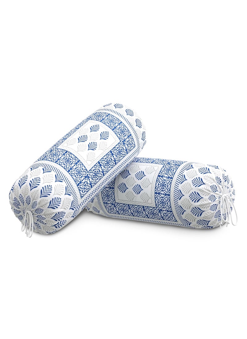 BLOCKS OF INDIA BLOCKS OF INDIA Cotton Hand Block Printed Bolster Cover Bolster Cover with Drawstring Round Long Pillow Cover for Bed Dewan Pillow Cover Set 16 X 32 Bolster Cover Set of 2 Blue Motifs  - Image 4