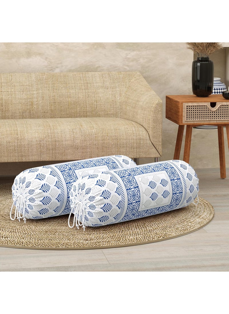 BLOCKS OF INDIA BLOCKS OF INDIA Cotton Hand Block Printed Bolster Cover Bolster Cover with Drawstring Round Long Pillow Cover for Bed Dewan Pillow Cover Set 16 X 32 Bolster Cover Set of 2 Blue Motifs  - Image 1