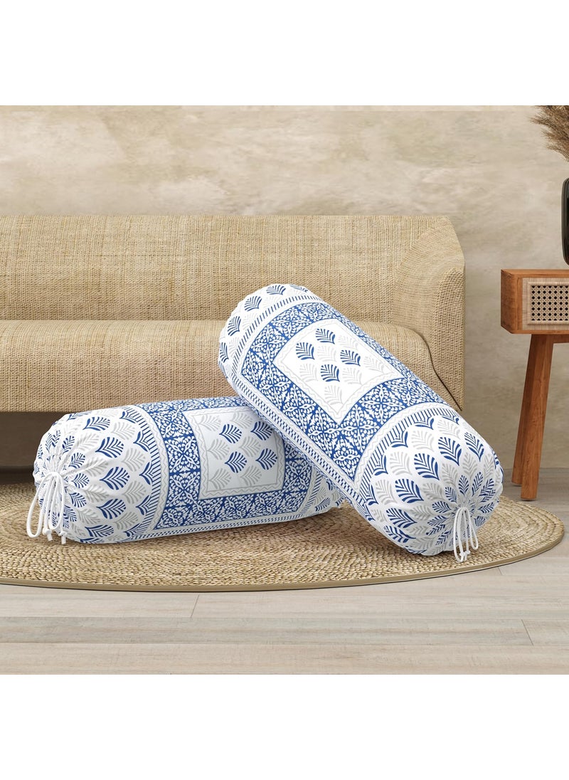 BLOCKS OF INDIA BLOCKS OF INDIA Cotton Hand Block Printed Bolster Cover Bolster Cover with Drawstring Round Long Pillow Cover for Bed Dewan Pillow Cover Set 16 X 32 Bolster Cover Set of 2 Blue Motifs  - Image 2