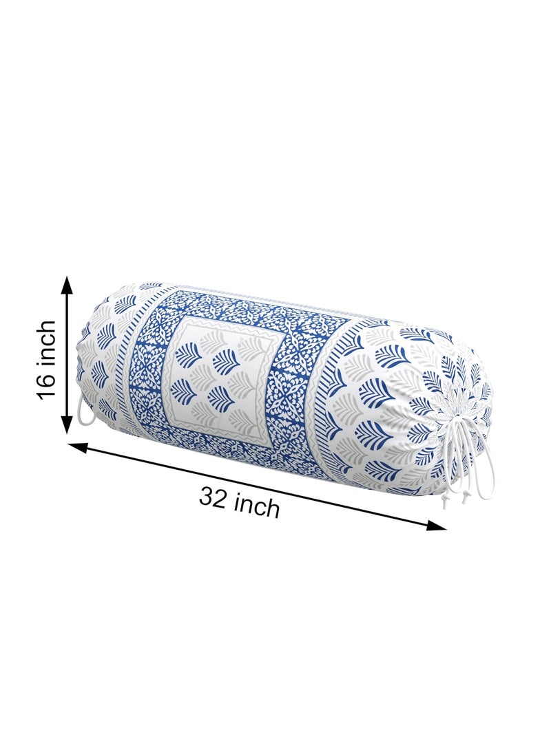 BLOCKS OF INDIA BLOCKS OF INDIA Cotton Hand Block Printed Bolster Cover Bolster Cover with Drawstring Round Long Pillow Cover for Bed Dewan Pillow Cover Set 16 X 32 Bolster Cover Set of 2 Blue Motifs  - Image 5