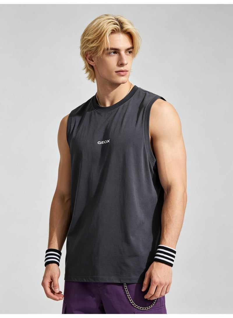 GEOX Men Solid Crew Neck Loose Sleeveless Tank Top Casual Sports Street T-shirt Dark Grey - Image 3