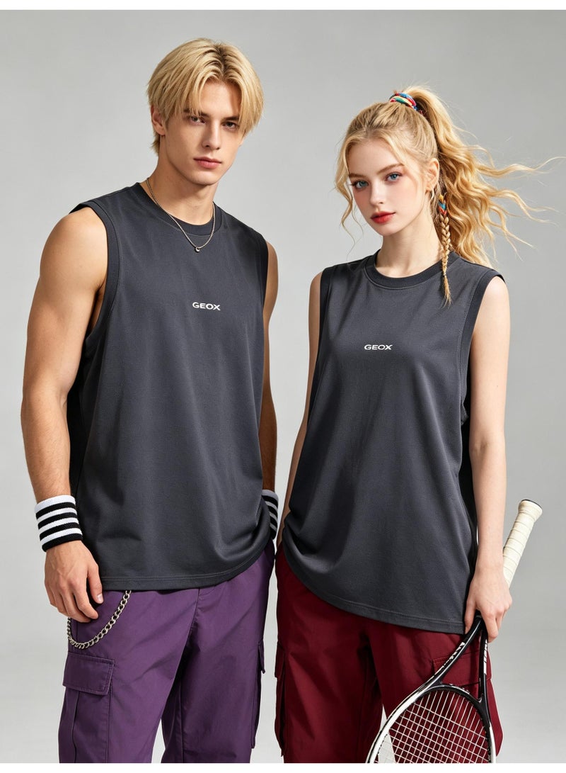 GEOX Men Solid Crew Neck Loose Sleeveless Tank Top Casual Sports Street T-shirt Dark Grey - Image 4