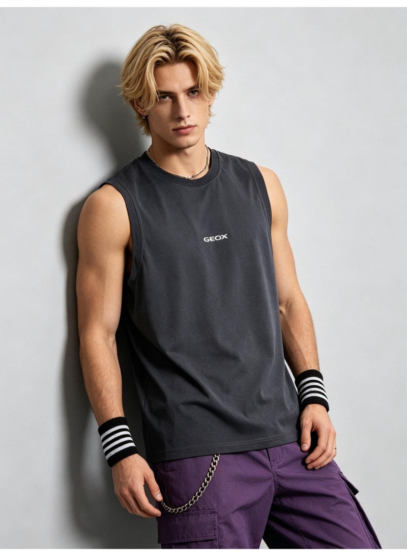GEOX Men Solid Crew Neck Loose Sleeveless Tank Top Casual Sports Street T-shirt Dark Grey - Image 2