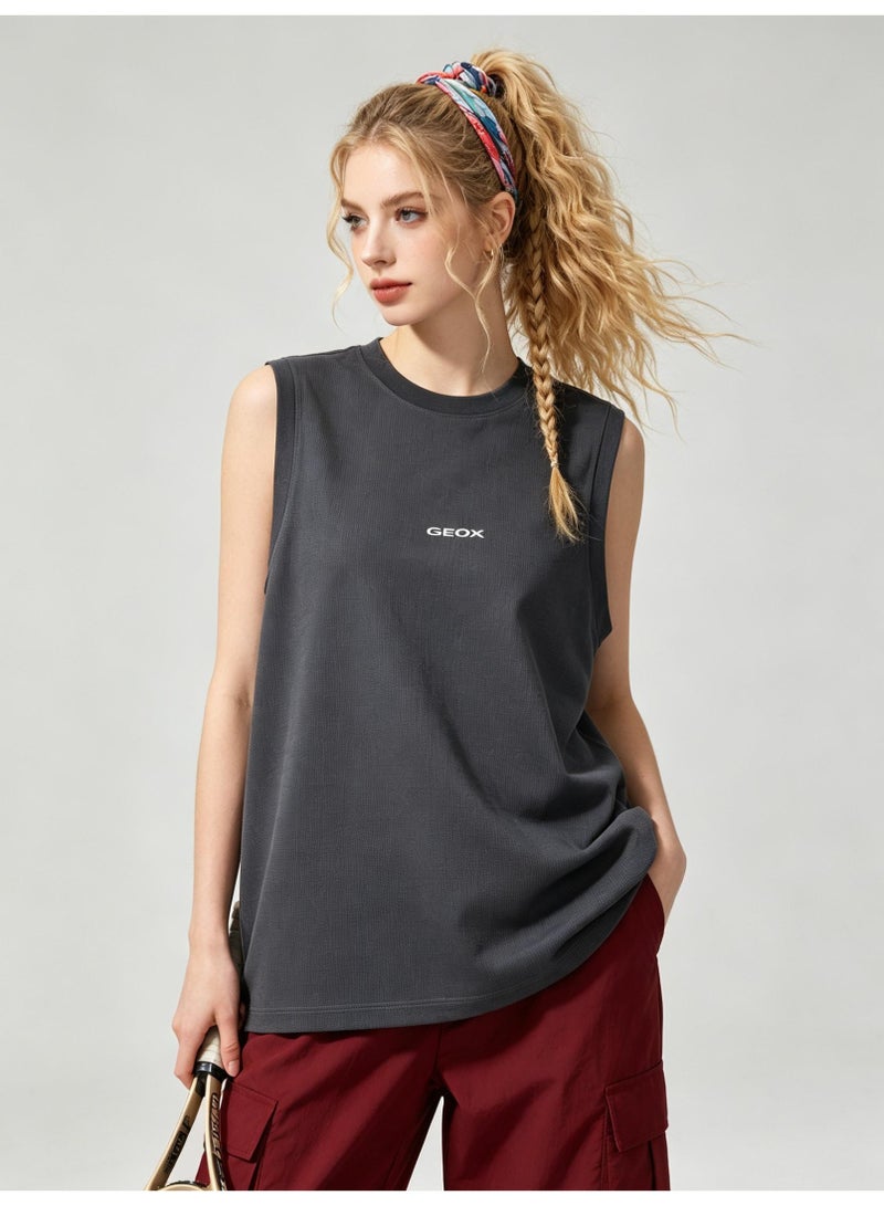 GEOX Men Solid Crew Neck Loose Sleeveless Tank Top Casual Sports Street T-shirt Dark Grey - Image 5