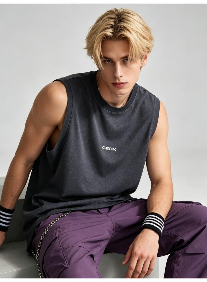 GEOX Men Solid Crew Neck Loose Sleeveless Tank Top Casual Sports Street T-shirt Dark Grey - Image 1