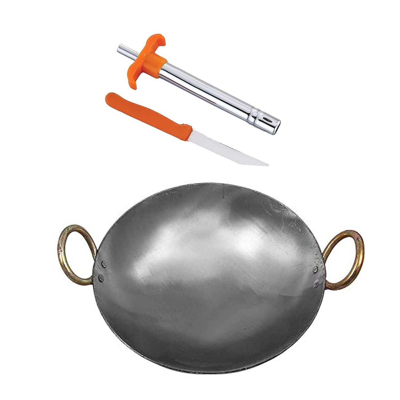 KITCHEN SHOPEE Traditional Iron deep Kadai Frying Pan for Cooking Iron Fry Kadhai Heavy Base Handmade Induction Friendly 11 Inch 28 cm 3 Liters 1 PES Gas Lighter Silver Color