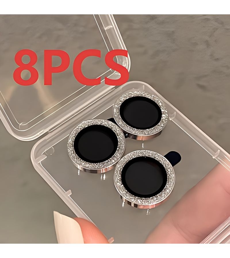 8 Pcs Silver Glitter Lens Protectors with Tempered Glass Film for iPhone IP 12 12 Mini 12 Pro Fashionable Aesthetic Phone Additions - Image 1