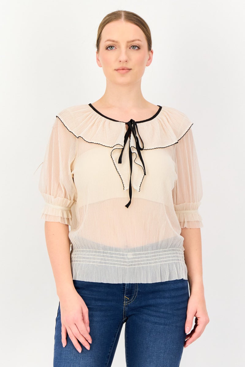 VERO MODA بلوزة قصيرة الأكمام برباط عنق للنساء، بيج - Image 1